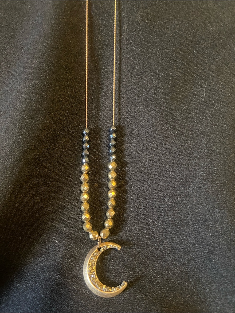 Gold Crescent Moon Pendant Necklace with Black and Gold Beads